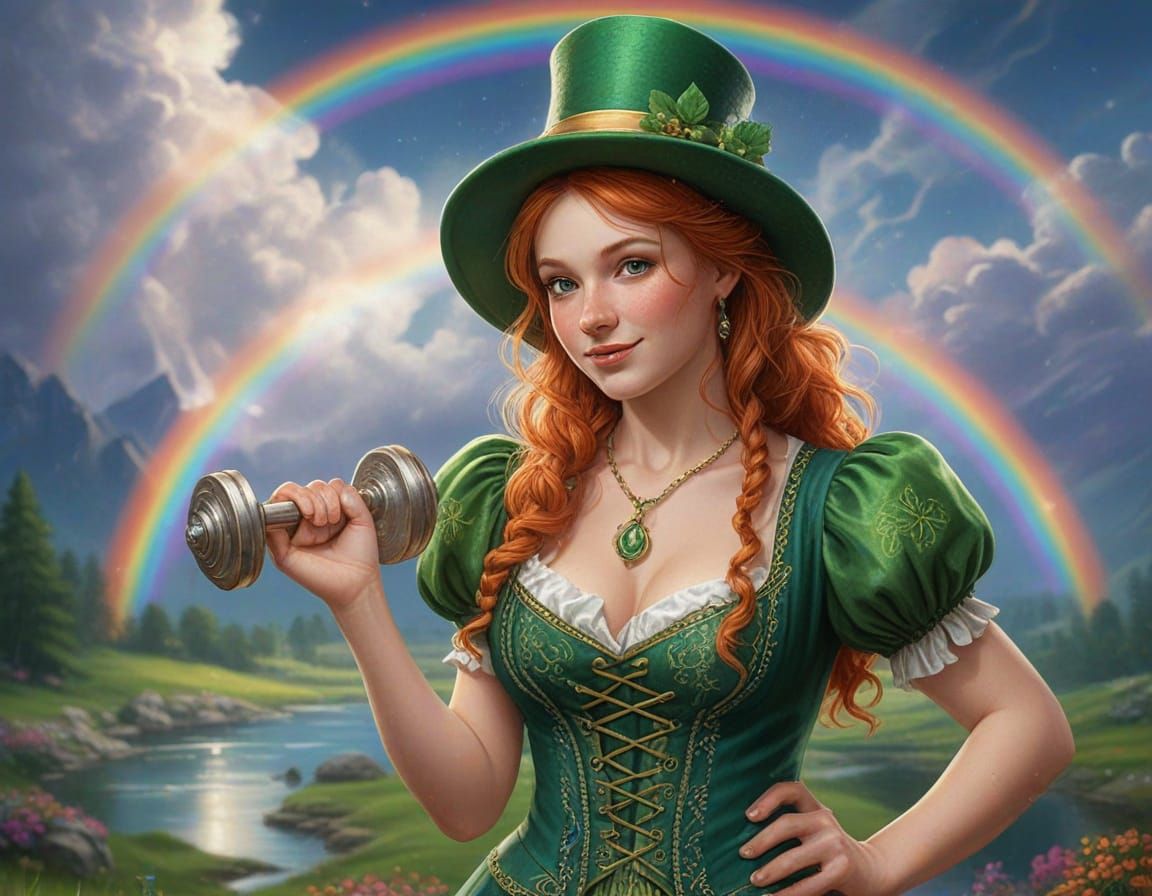 Whimsical Irish Folk Art Fantasy with Leprechaun and Rainbow