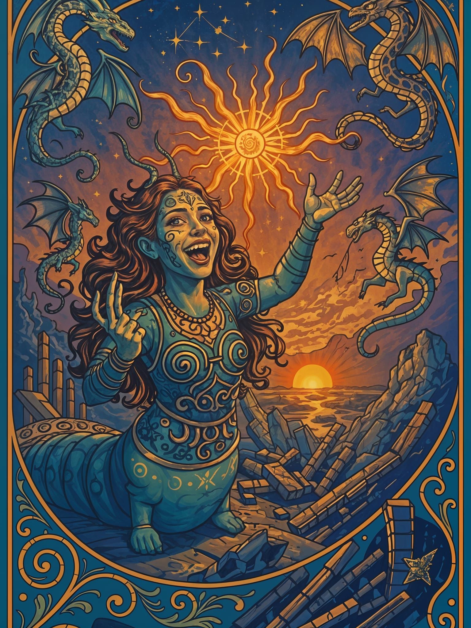 Art Nouveau Caterpillar Guardian in Red-Purple Palette