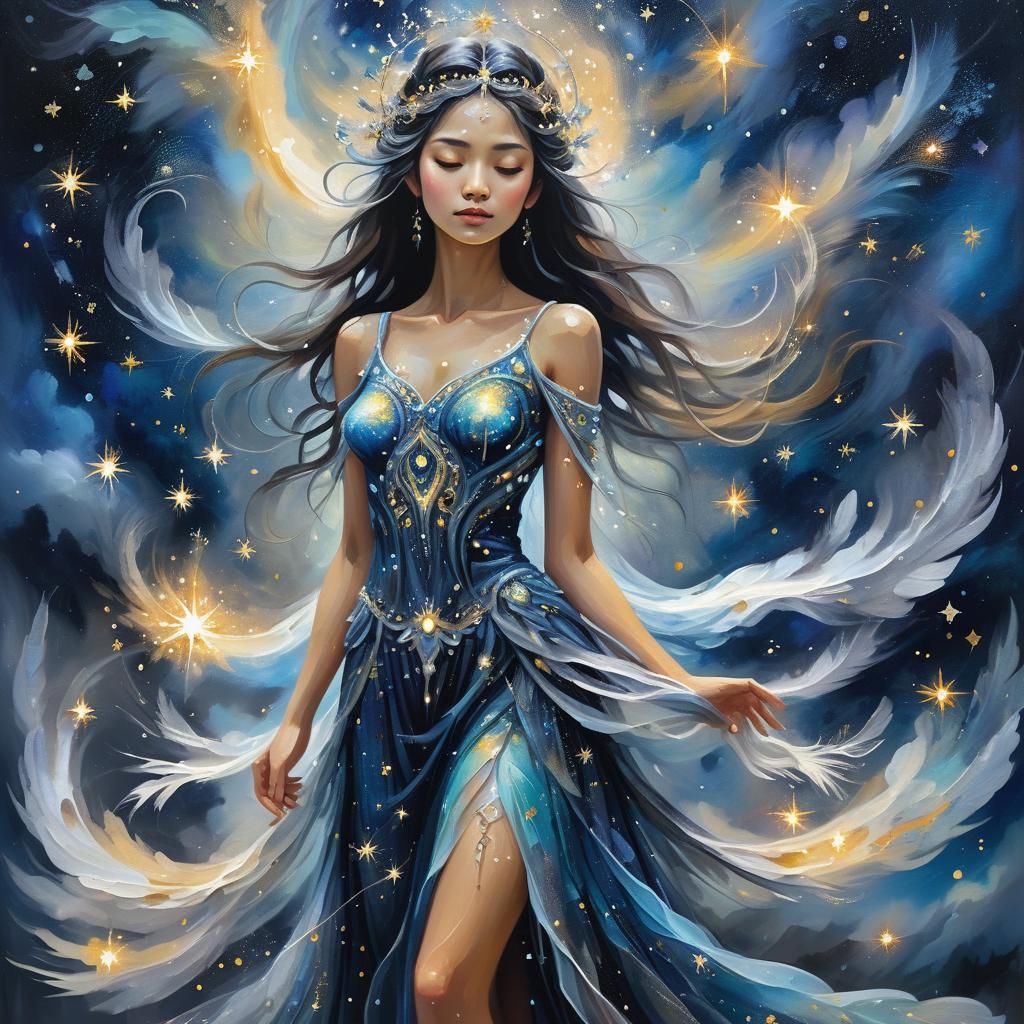 Night Sky Goddess in Neo-Expressionist Oil Painting