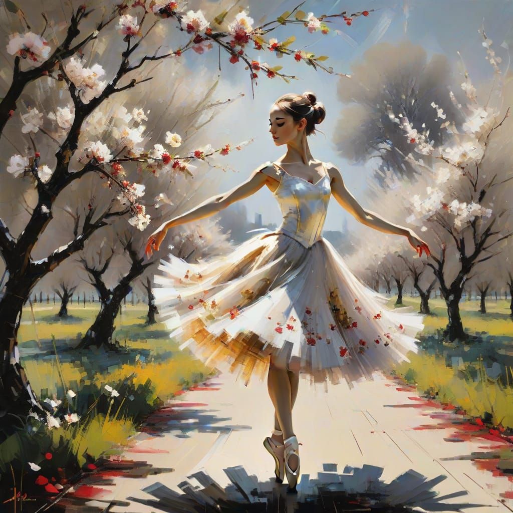 Ballerina in Cherry Orchard: Impressionist Oil Painting