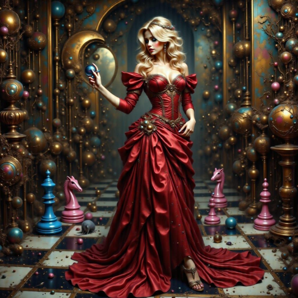 Steampunk Queen on Chessboard in Victorian Ballroom