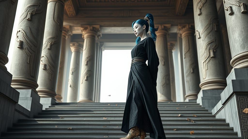 Majestic Goddess in Elegant Black Robe with Intricate Gold A...