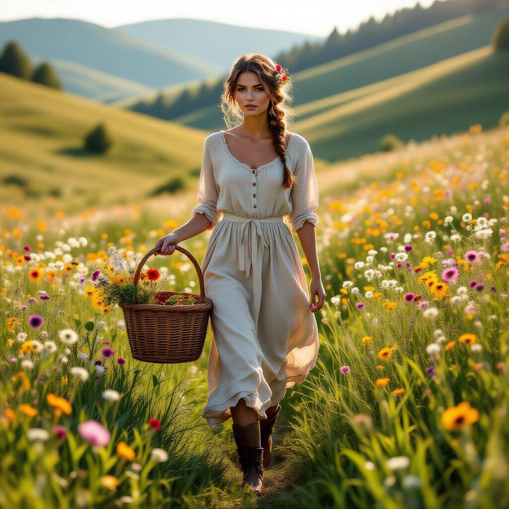 Woman Foraging in Wildflower Meadow with Woven Basket