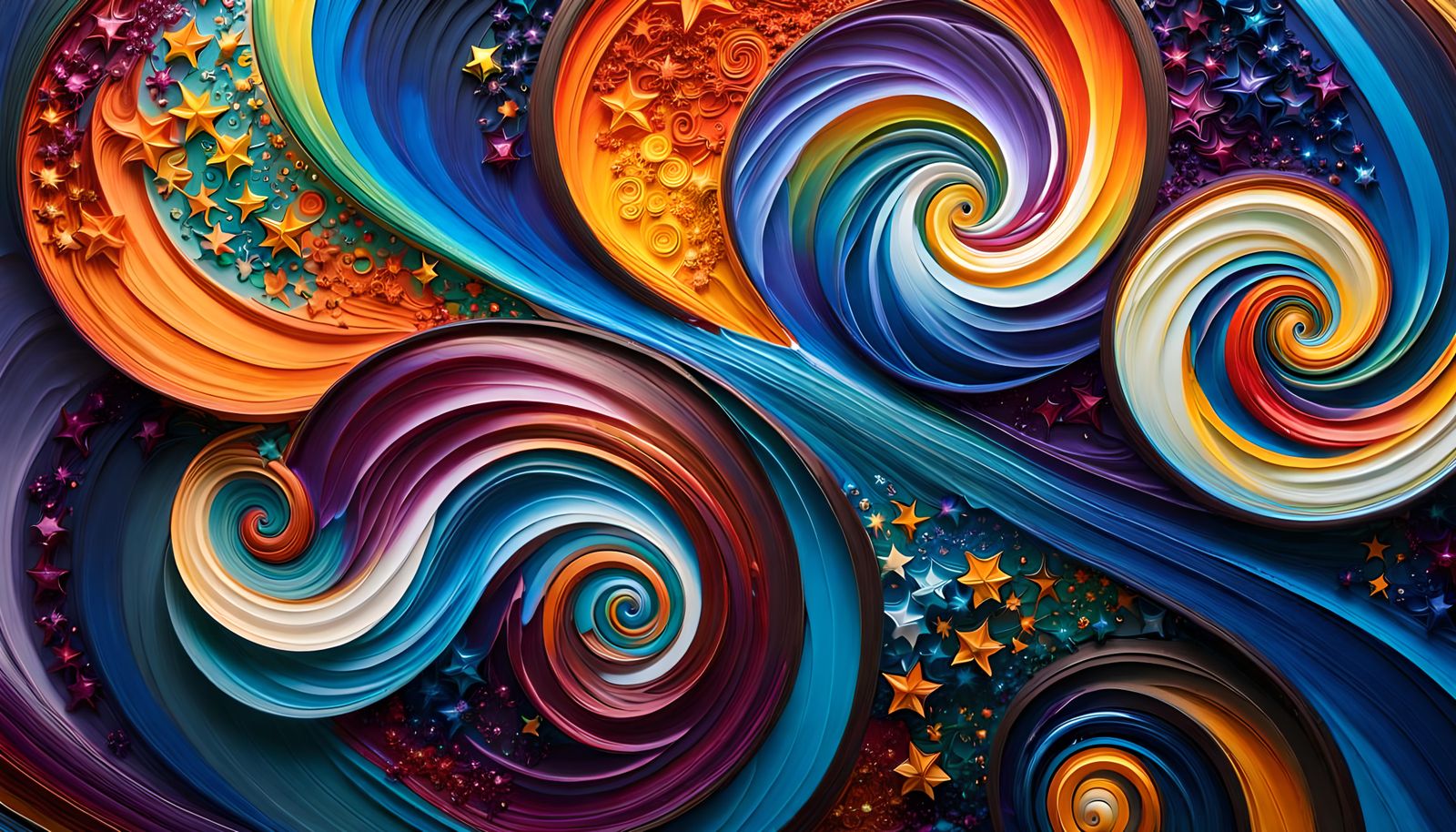 Swirling Flower-Stars in Impasto Electric-Helix Cosmos