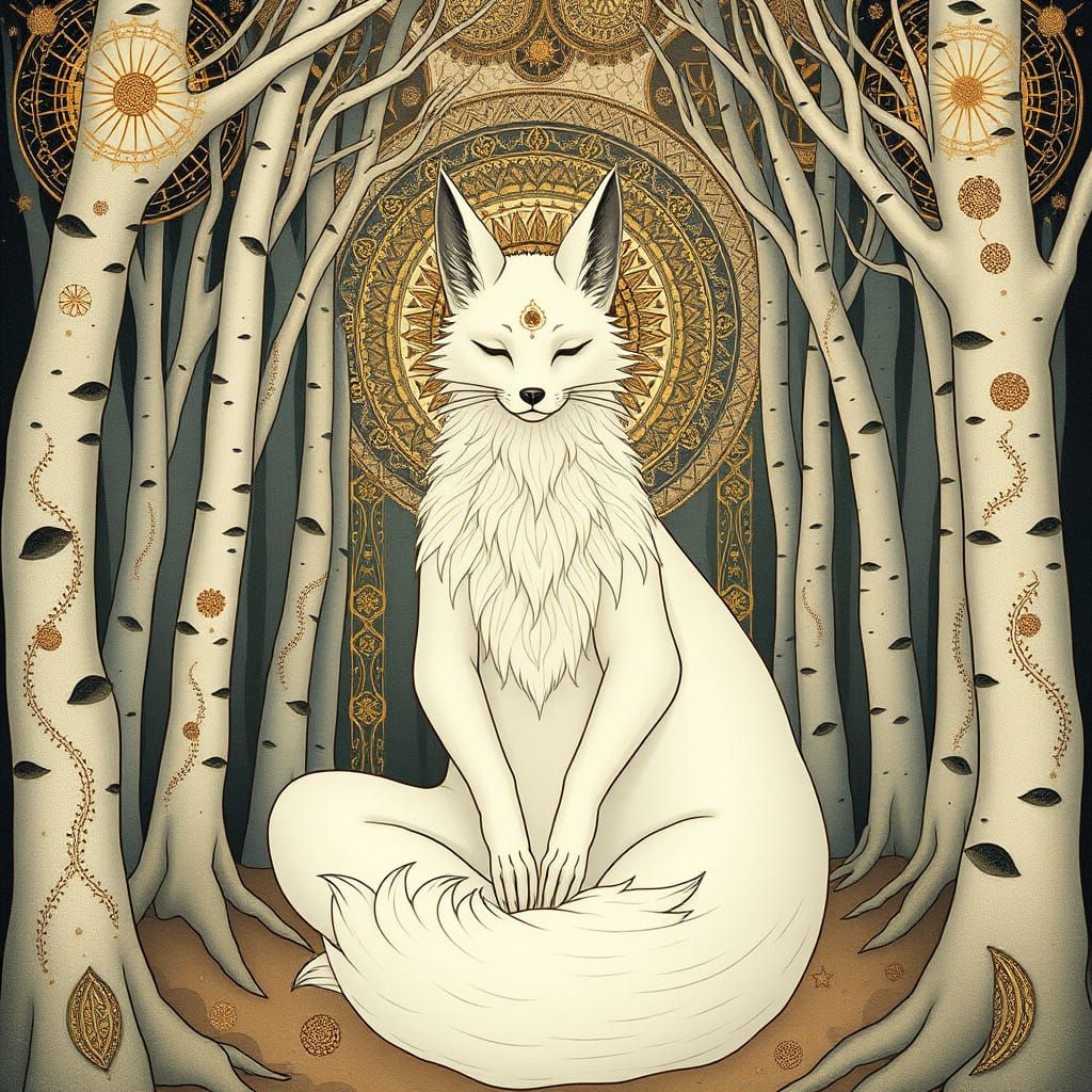 Kitsune Fox in Zen Pose, Art Nouveau Style