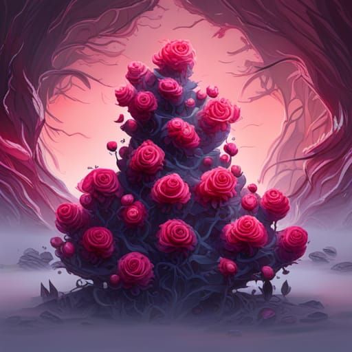 Intricate Gothic Crimson Rose Shrub in Dark Fantasy Style