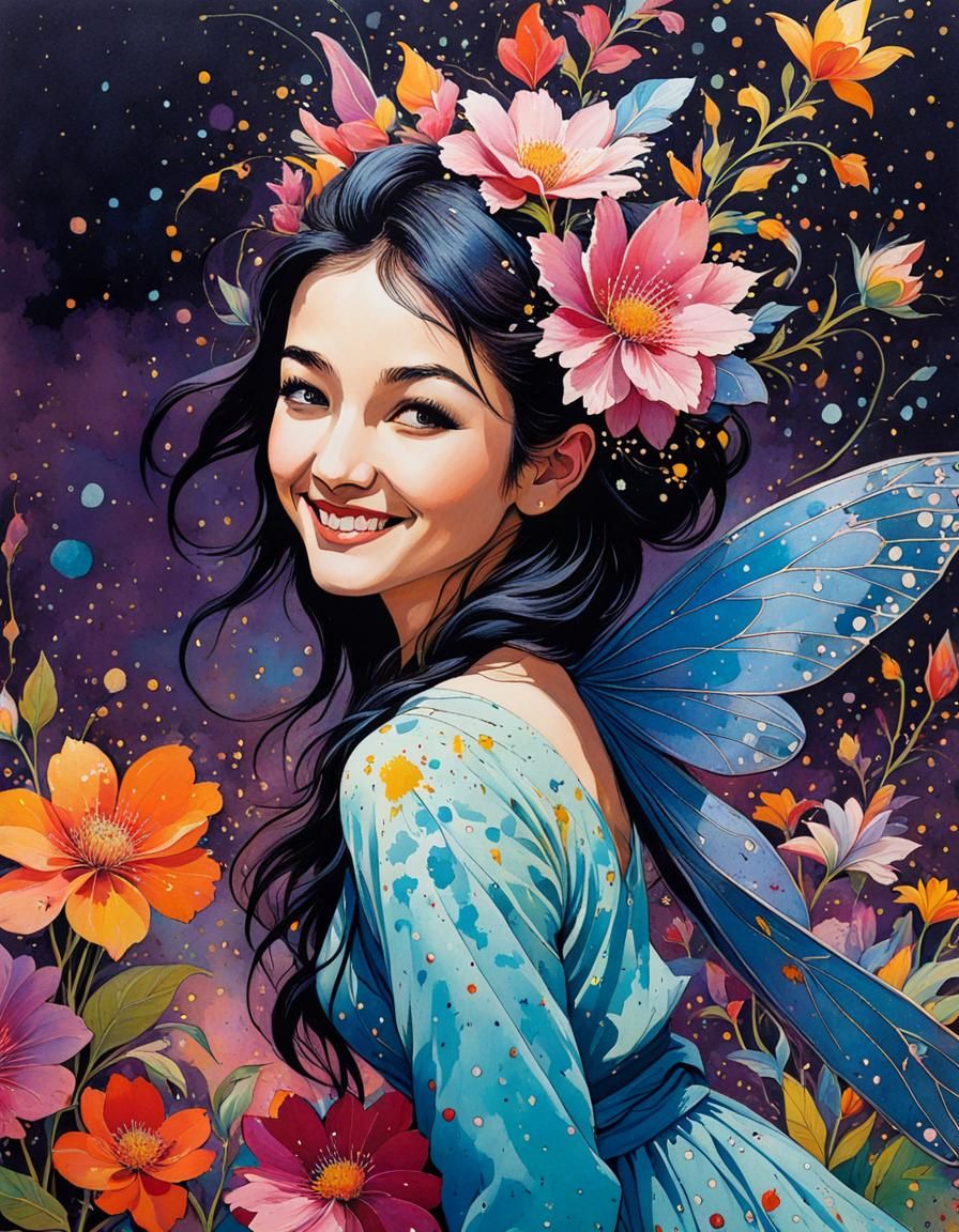 Whimsical Fairy with Ink Splatter Effect