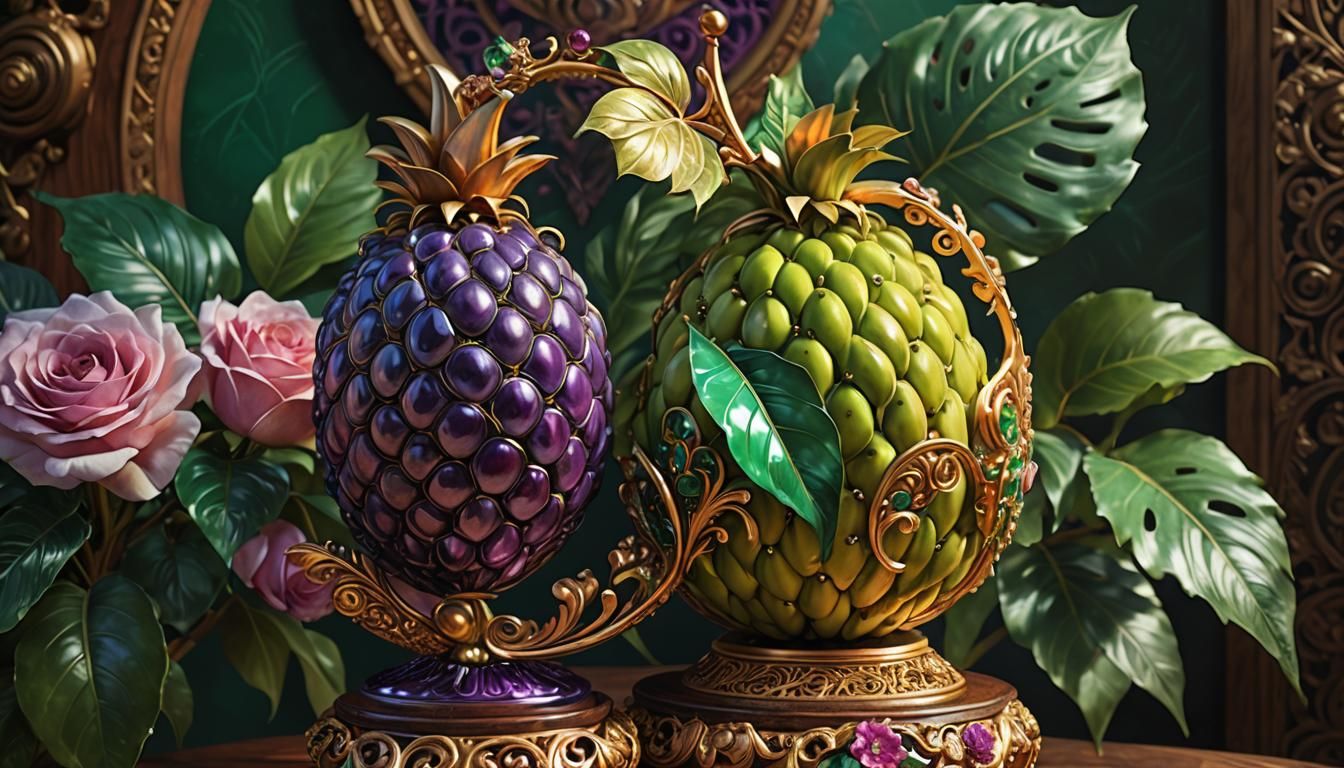 Exotic Iridescent Fruit on Pedestal: Digital Art