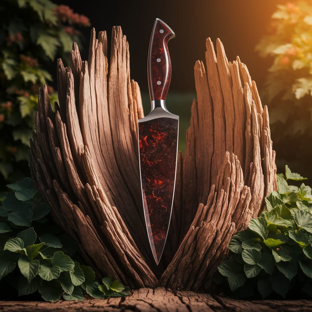 Knife with Väyrynenite Blade Piercing Oak Bark