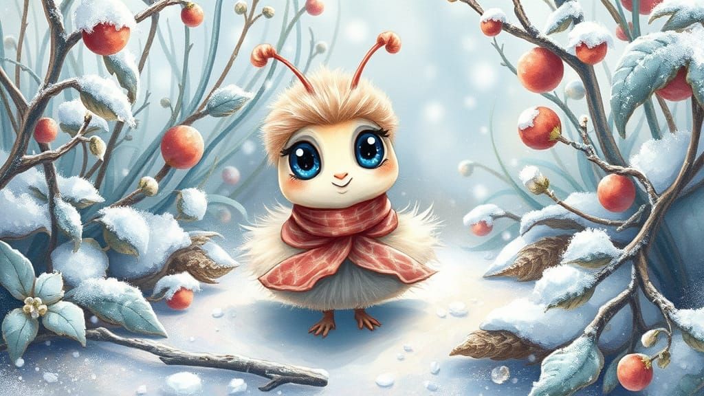 Adorable Feathery Caterpillar in Snowy Garden, Watercolor & ...