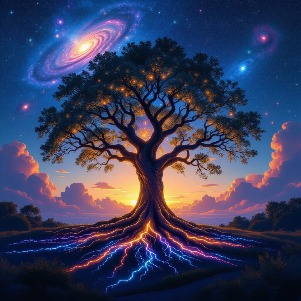 Majestic Tree with Bioluminescent Leaves and Cosmic Sky