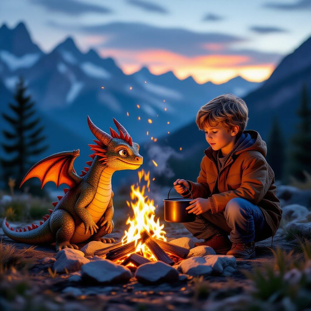 Dragon Lights Campfire: Photorealistic Scene