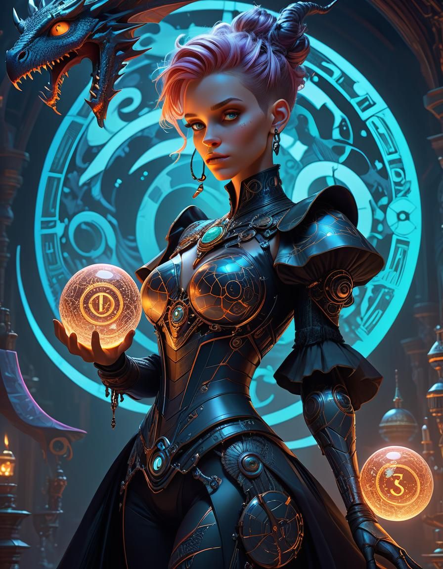 Cyborg Dragon Woman with Runic Orb