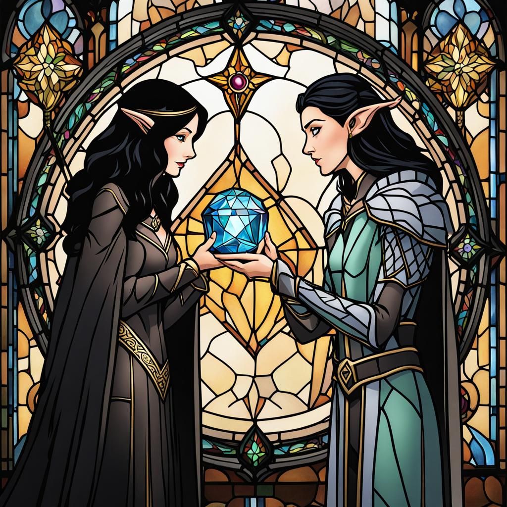 Woman and Elf with Crystal in Stained Glass Style