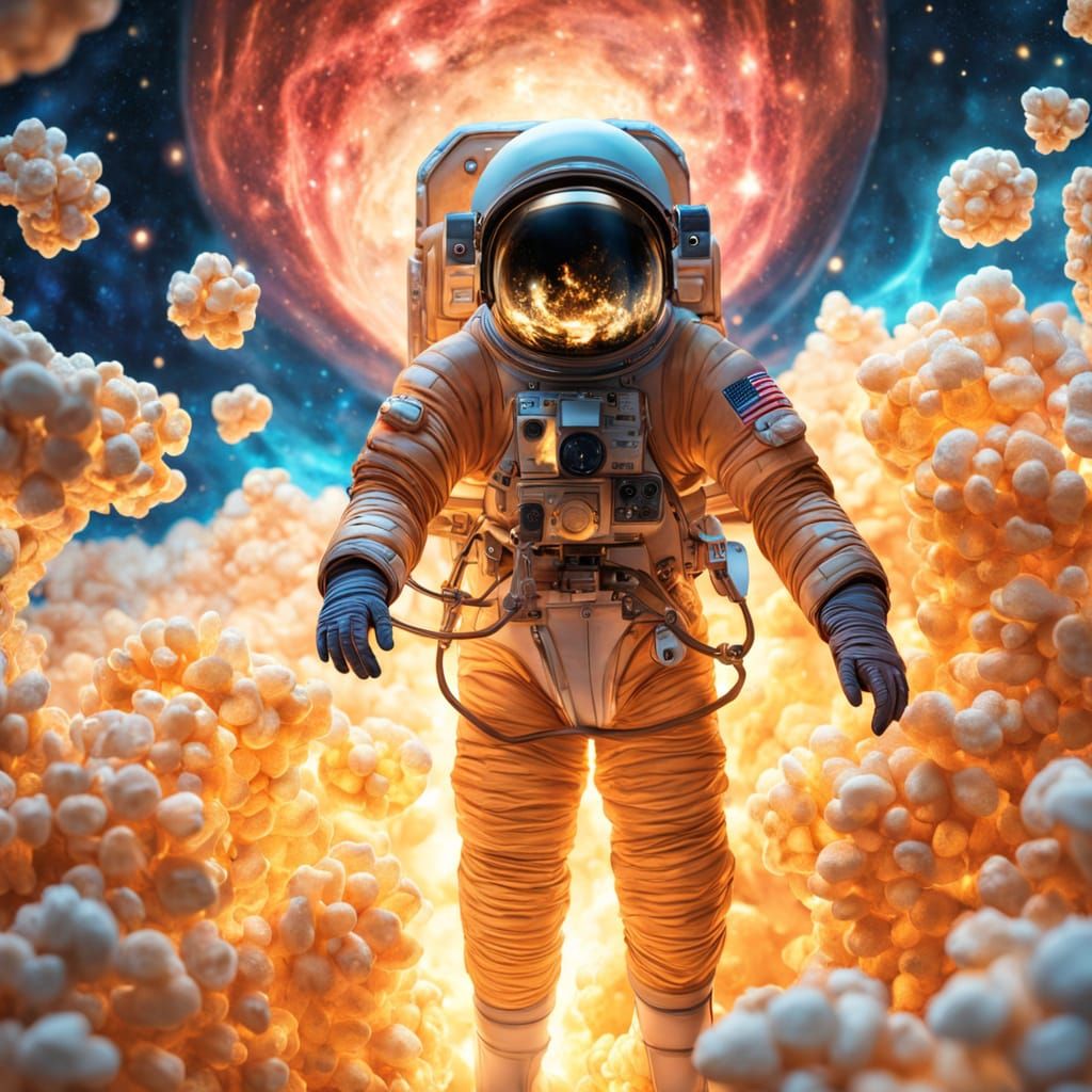 An interstellar cloud made entirely of exploded popcorn kernels, each piece glowing with bioluminescent butter and cosmi...