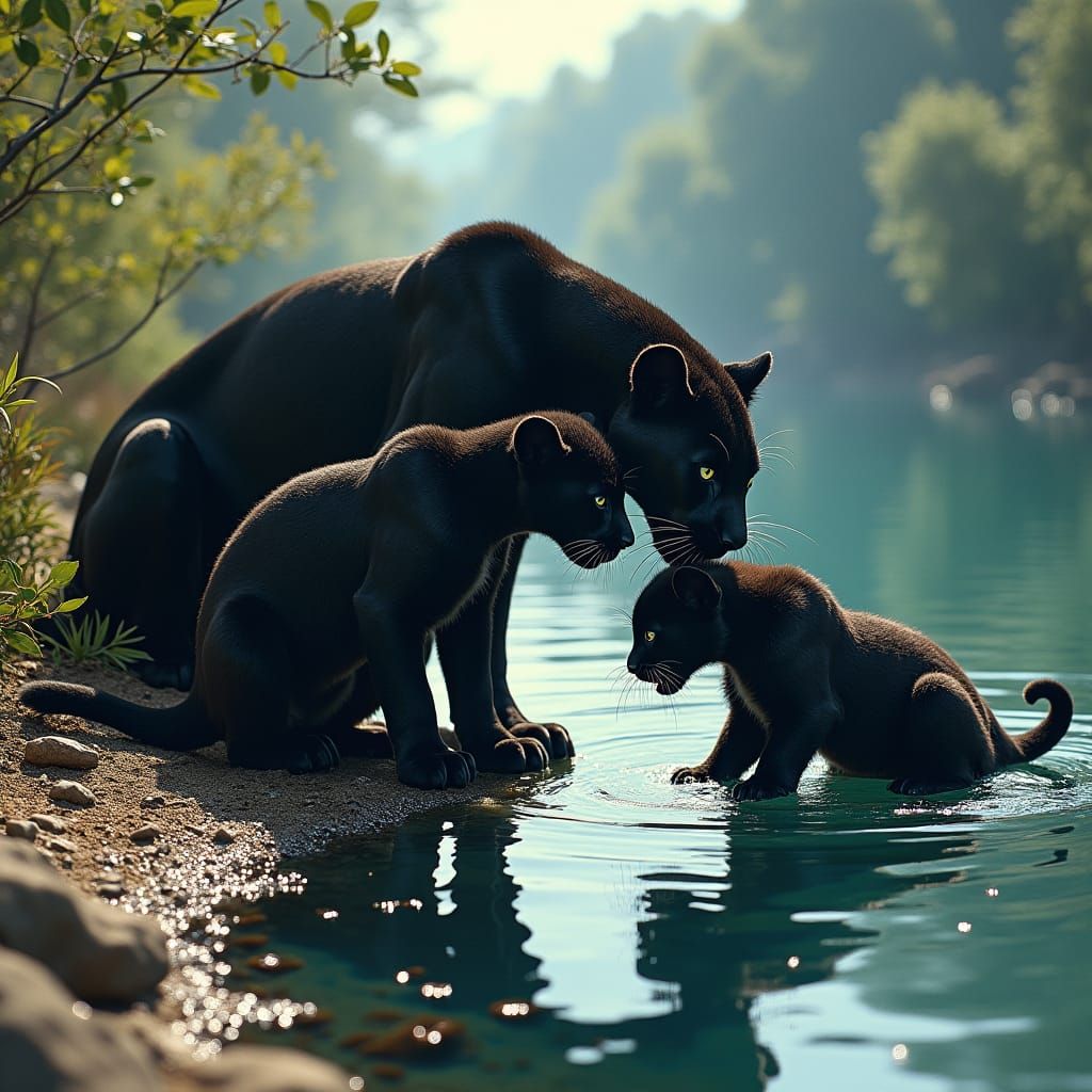 Panther Family at Lake in Surrealist Style