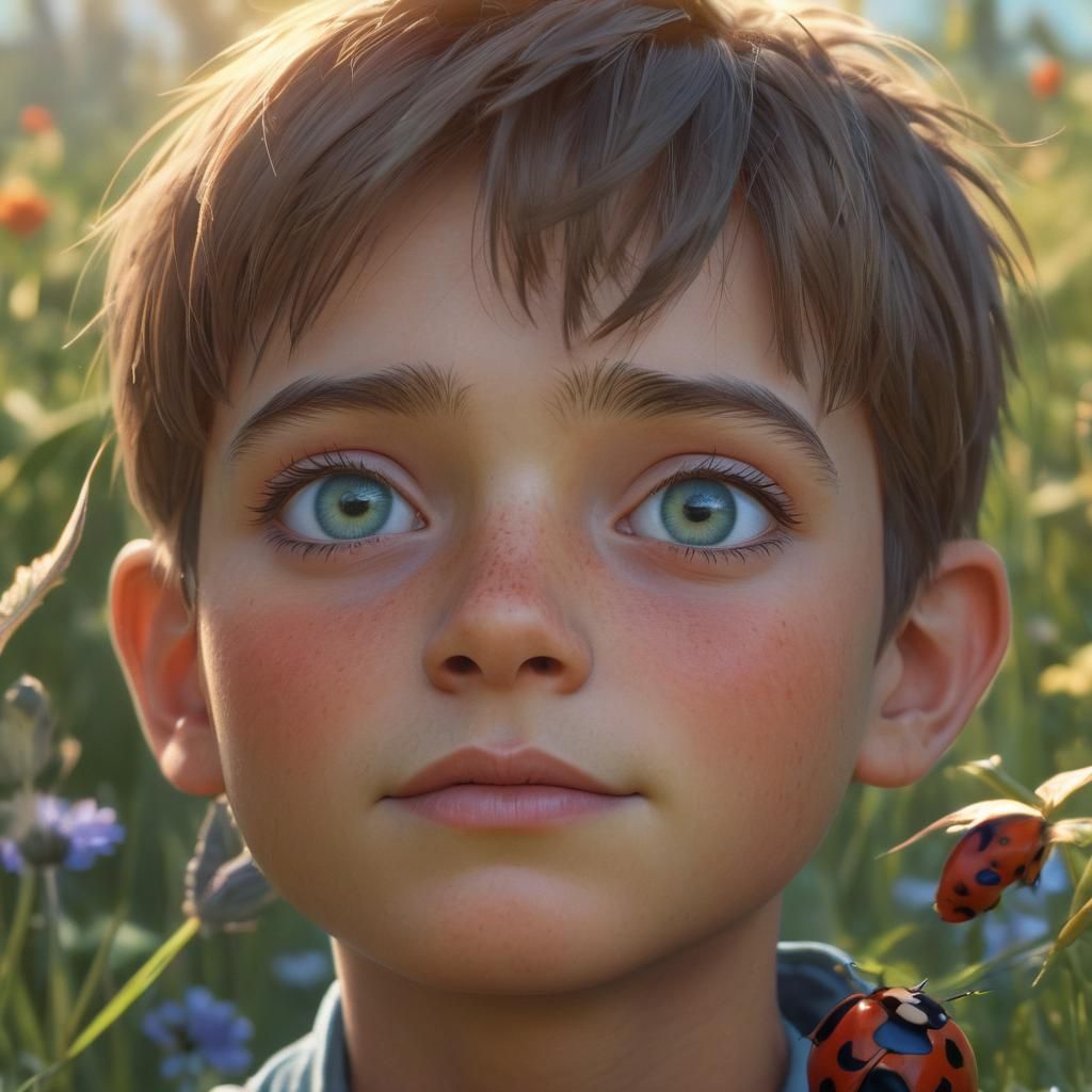 Boy and Ladybug in Sun-Drenched Meadow: Pixar-Inspired Art