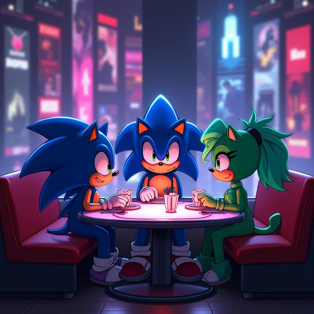 Cyberpunk Diner: Sonic, Lapis, and Peridot Share a Meal