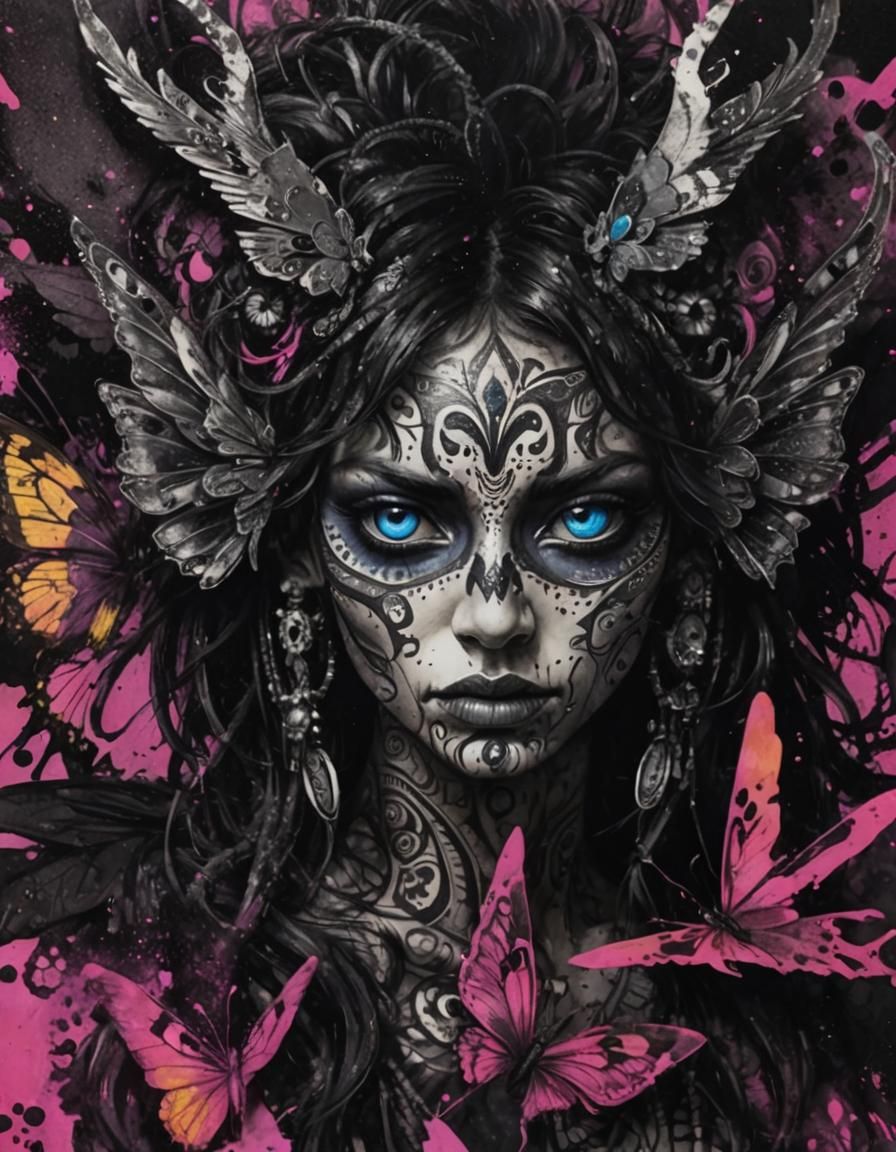 Psychedelic Monster Face with Butterfly Wings in Ink