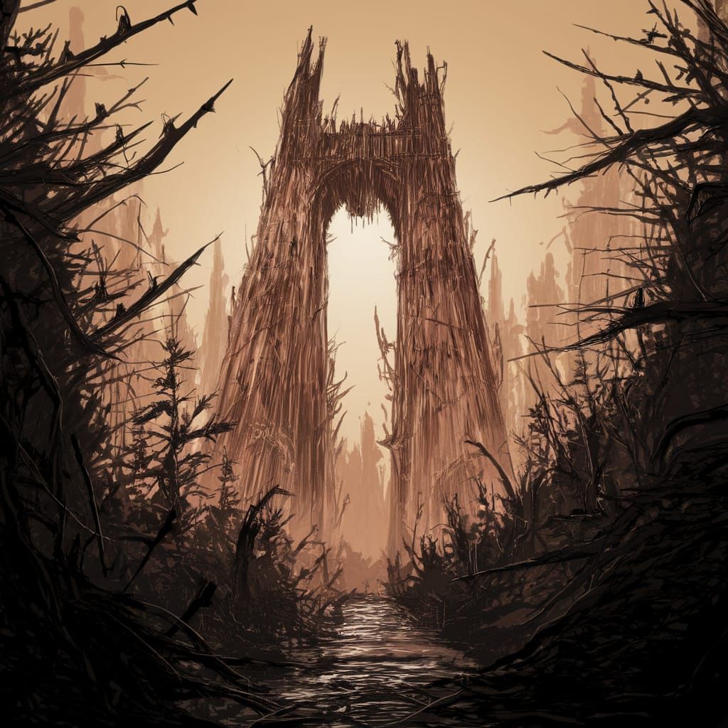 Ancient Alien Bridge in a Dark, Surreal Forest Landscape
