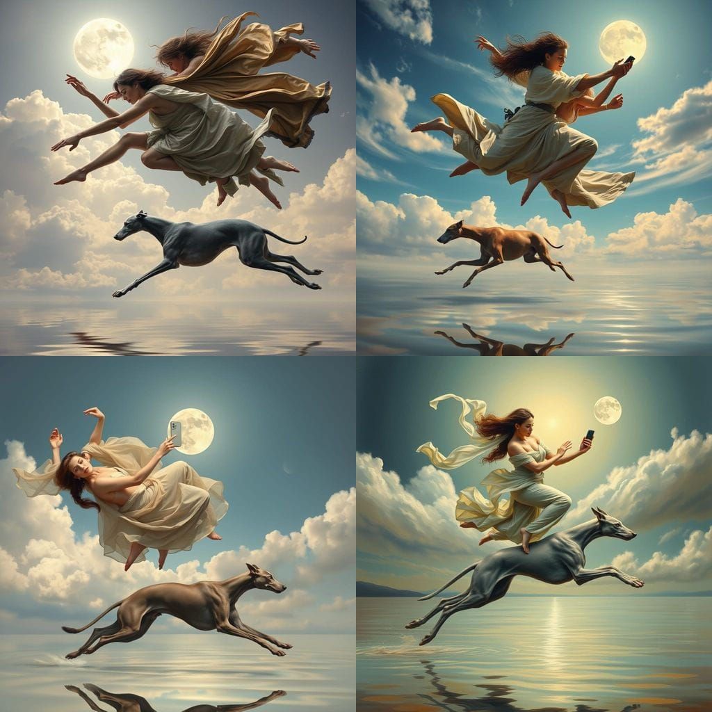 Dynamic Figures with Greyhound in Surreal Scene