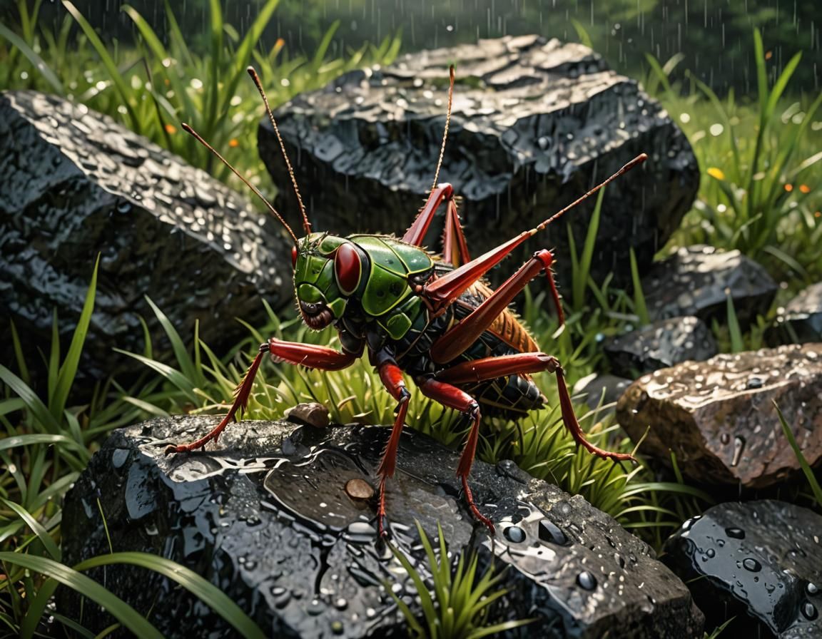 Cricket on Rain-Soaked Rocks: Hyperrealistic Photoillustrati...
