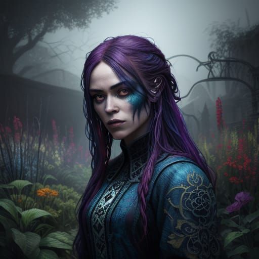 Person in Eerie Gardens: Hyperrealistic Splash Art