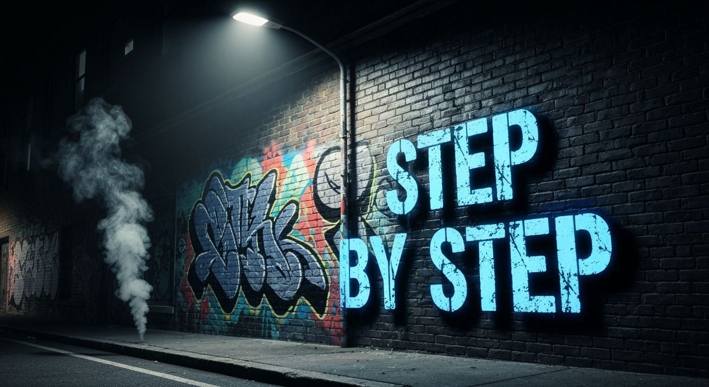 Graffiti Wall "Step By Step" Neon Glow Urban Night