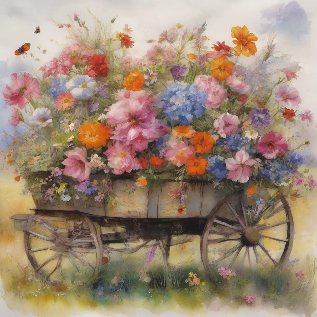 A Rustic Farm Wagon Buried in Vibrant Floral Beauty