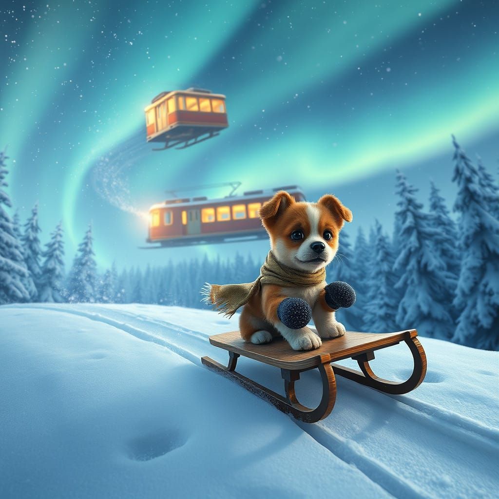 Whimsical Puppy Sleds Down Snowy Hill with Golden Train in B...
