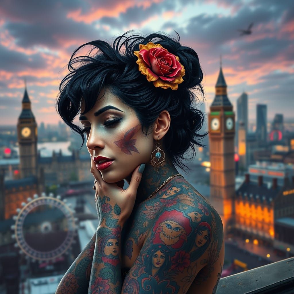 Amy Winehouse in Dreamy London Scene with Vibrant Tattoos