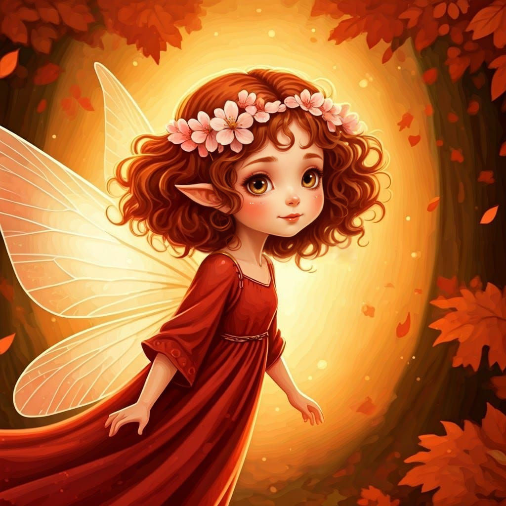 Serene Fairy in Autumn Forest, Gouache Painting