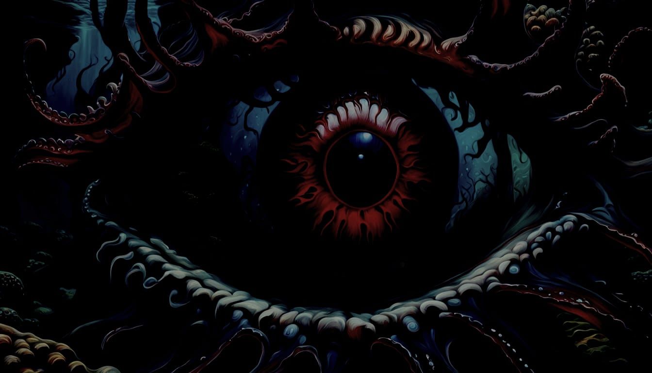 Massive Red Squid Eye in Darkness