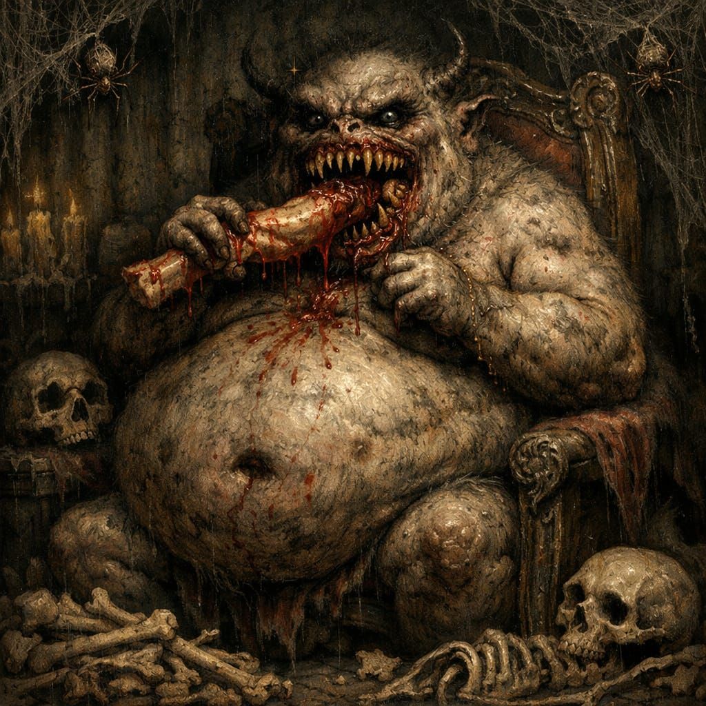 Grotesque Gothic Demon Devouring Food in Skulled Room