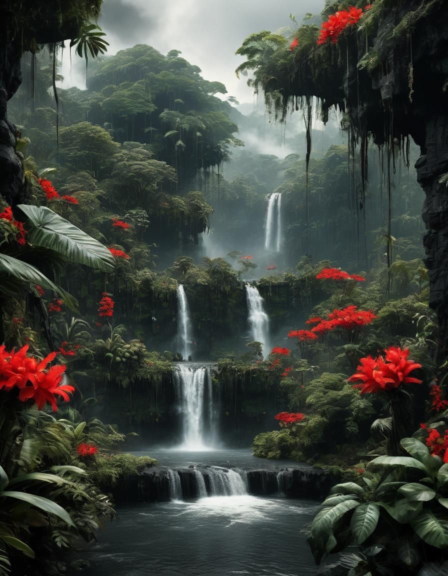 Monochromatic Rainforest with Red Flora