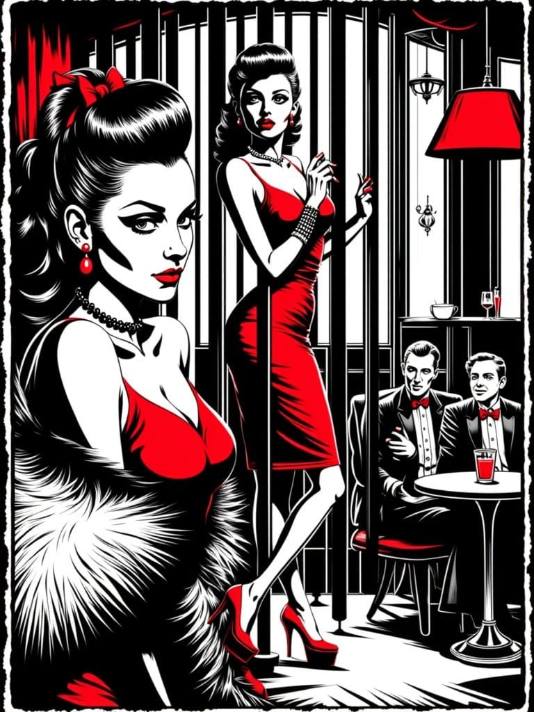 Retro 1950s Cabaret Scene in Woodcut Style