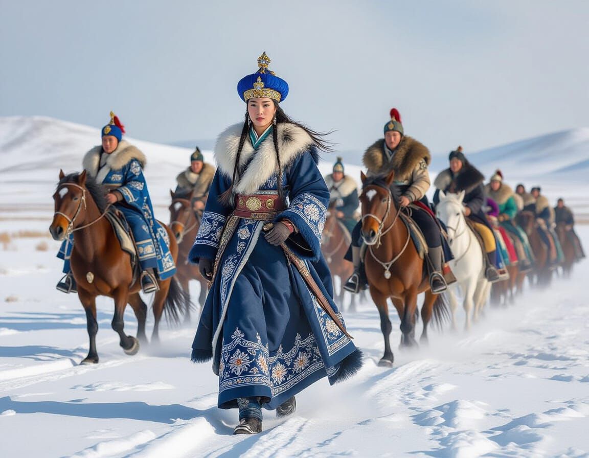 Mongol Leader Rides Through Snowy Steppe in Classic Style