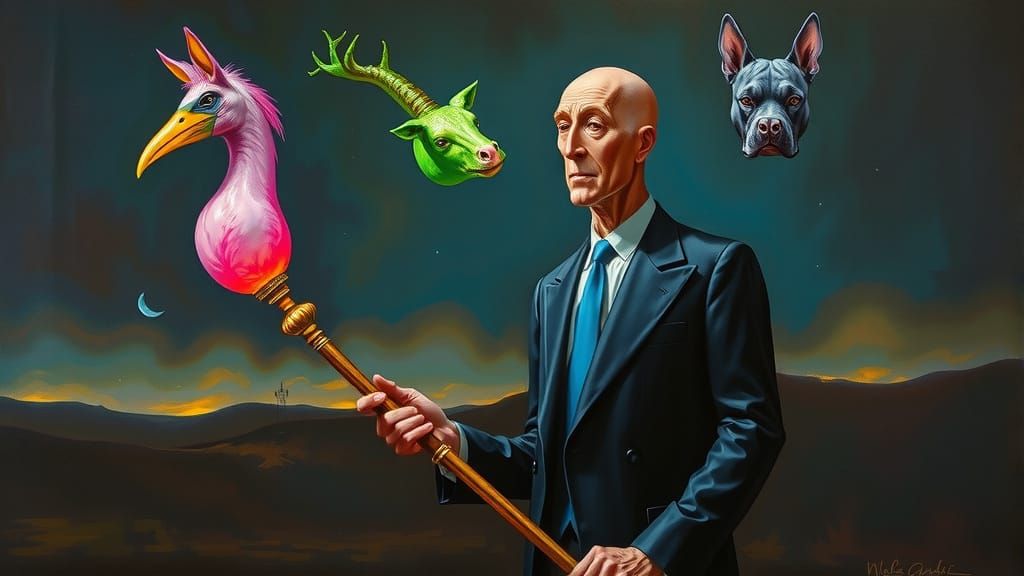 Confident Figure in Dreamlike Landscape with Fused Animal He...