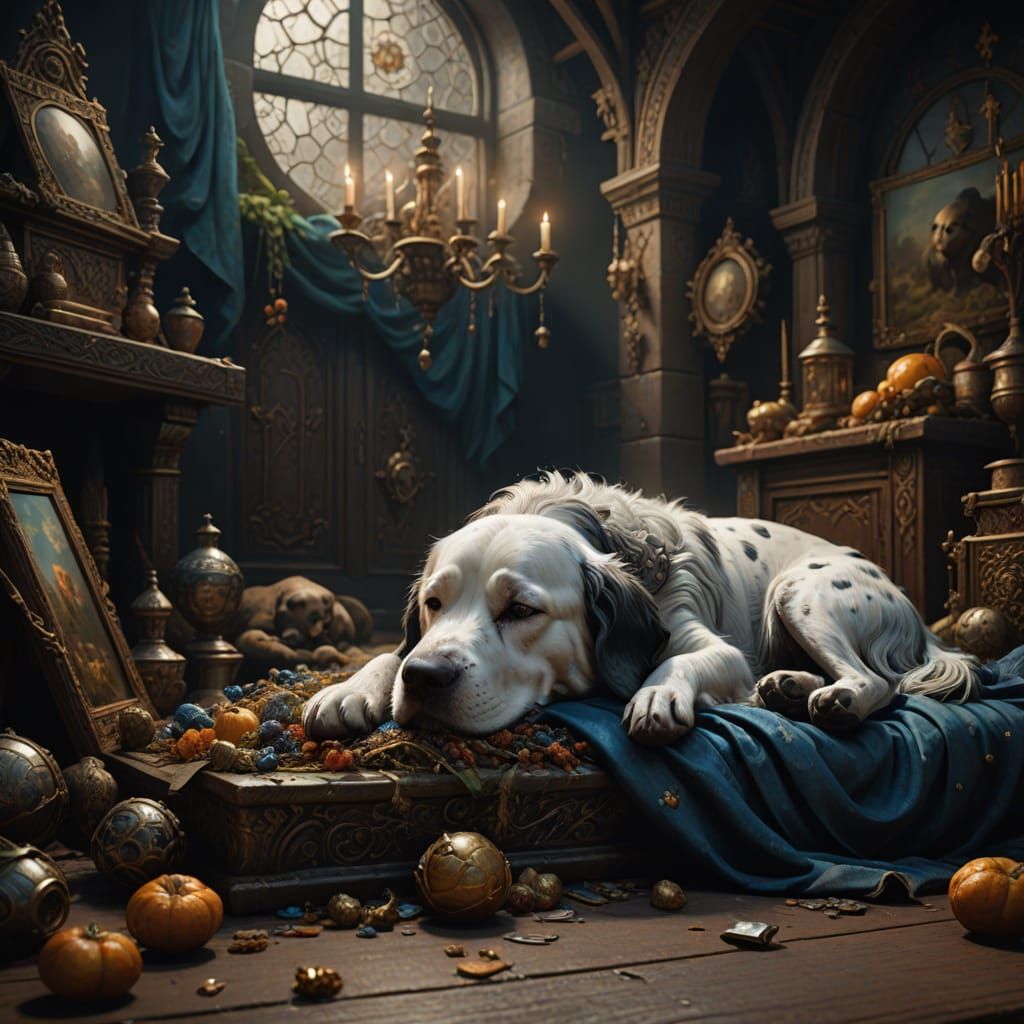Fantastical Sleeping Dog in Dreamlike Landscape