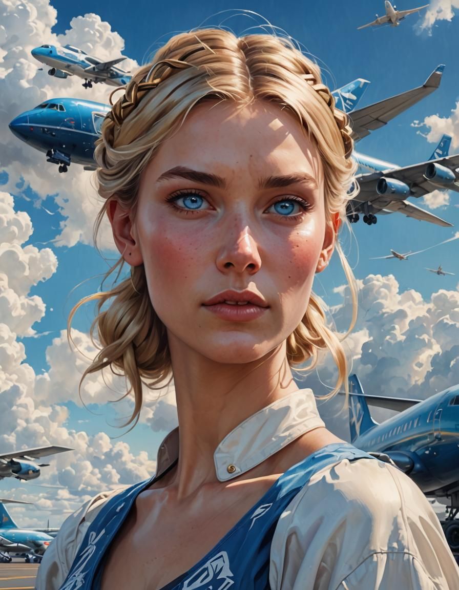 Hyperrealistic Portrait of Blonde Woman with Airplane