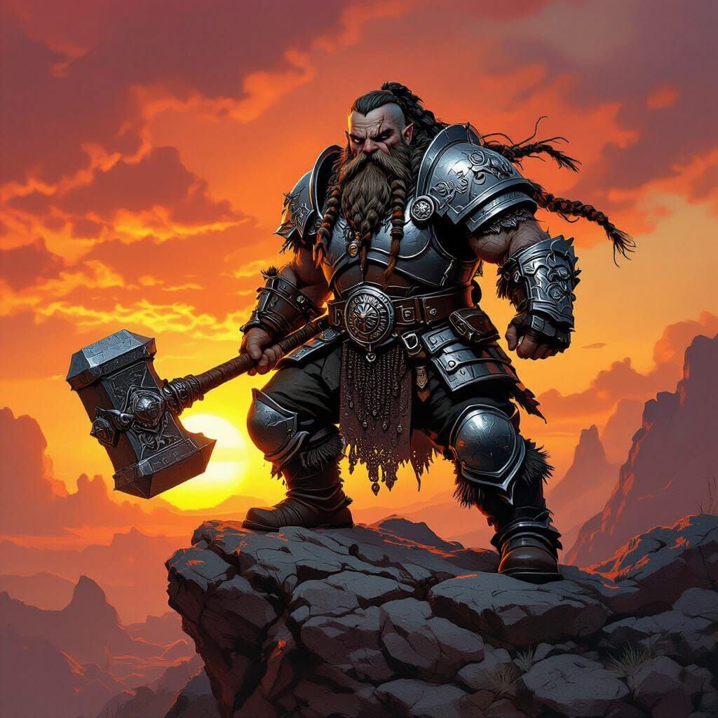Dwarf Warrior on Rocky Crag at Sunset