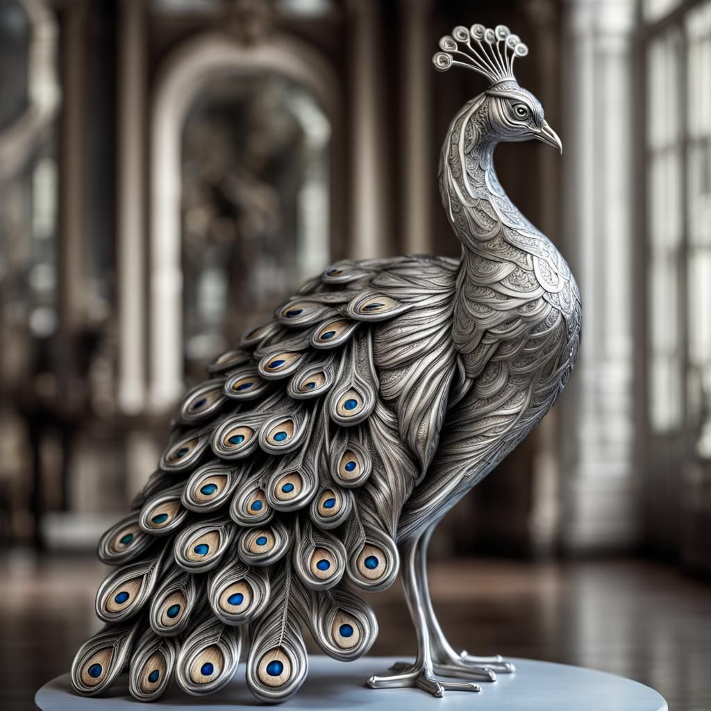 Ornate Silver Peacock Sculpture in Jugendstil Style