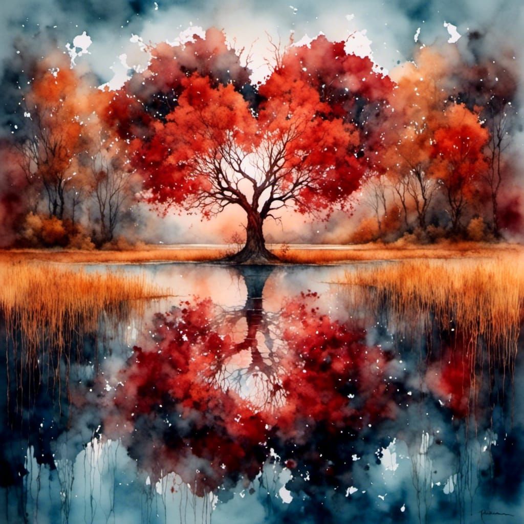 Heart-Shaped Tree in Lake: Watercolor Painting