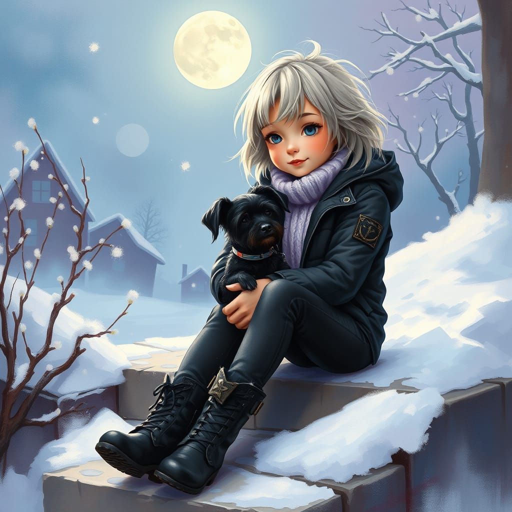 Whimsical Winter Scene with Enchanted Girl and Dog