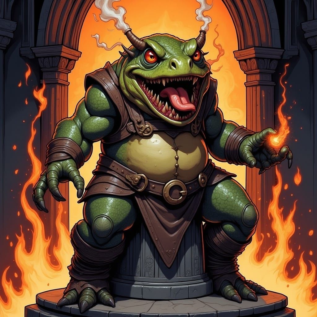 Grotesque Toad Demon in Flame Temple