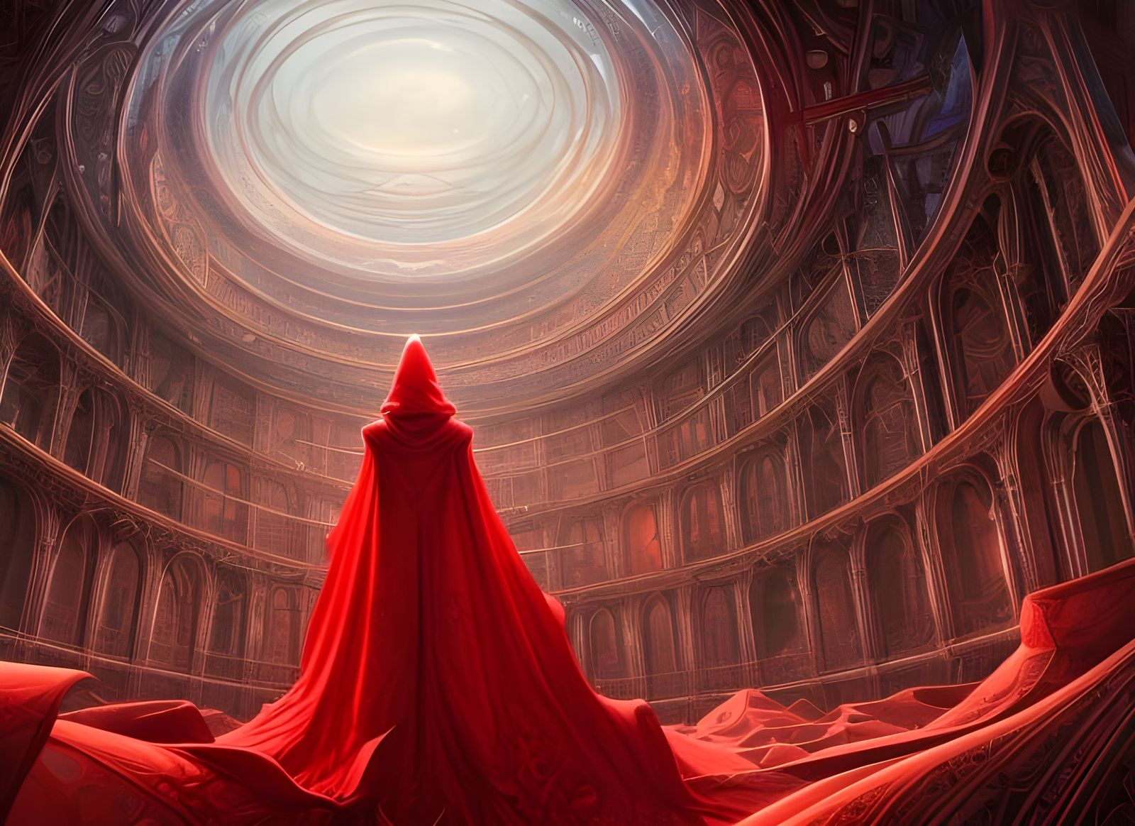 Red Cloak in Geometric Maze: Digital Illustration