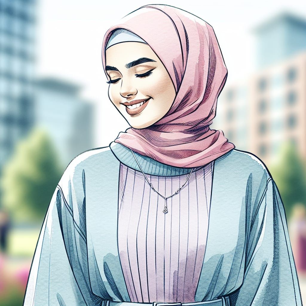 Elegant Finnish Woman in Hijab, Watercolor and Ink