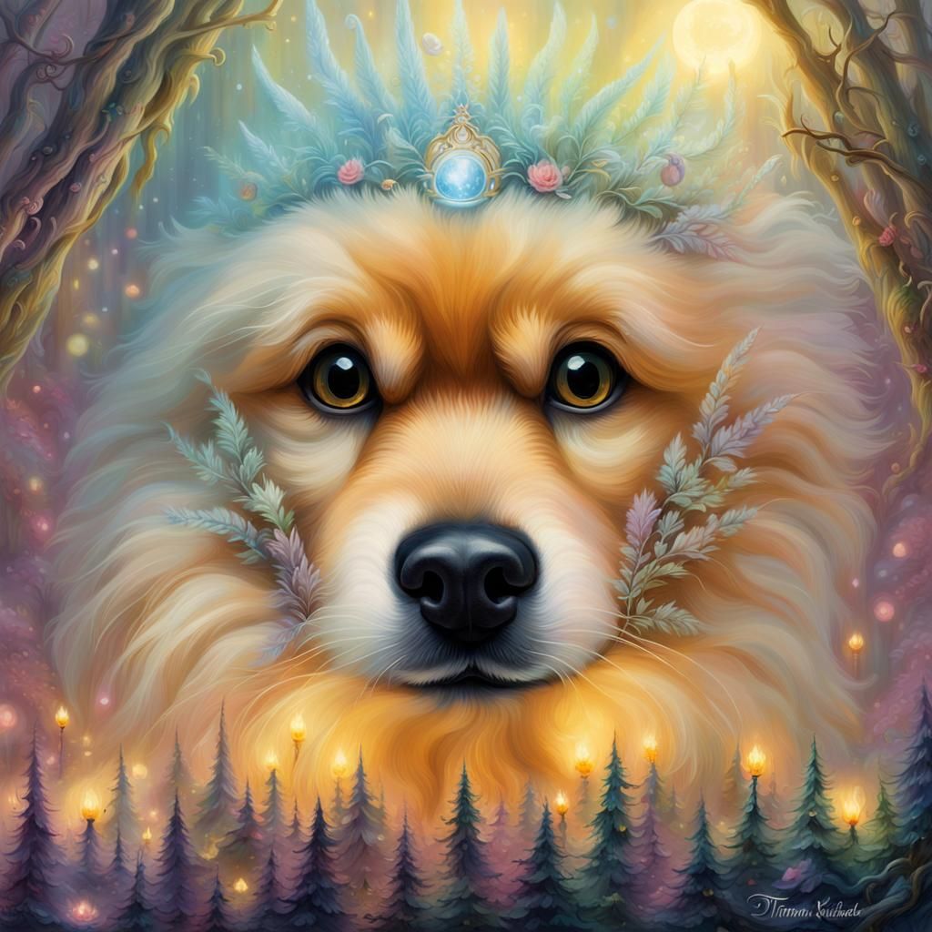 Pomeranian on Mystical Throne in Dreamlike Forest