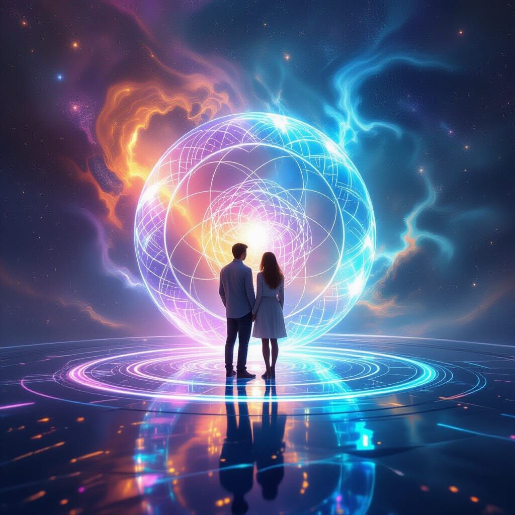 Cosmic Portal Travel: Couple on Ethereal Glass Circle