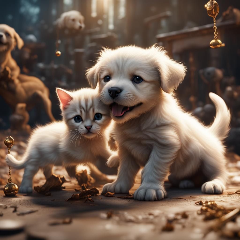 Puppies and Kittens Playing: Fantasy Concept Art